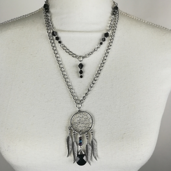 Hand Crafted Jewelry - Unique two strand dreamcatcher necklace black faceted glass beads